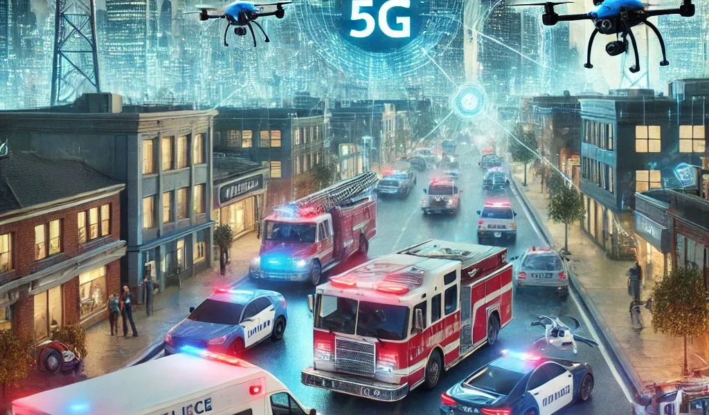 Ciudad futurista con servicios de emergencias conectados por tecnología 5G