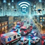 Ciudad futurista con servicios de emergencias conectados por tecnología 5G